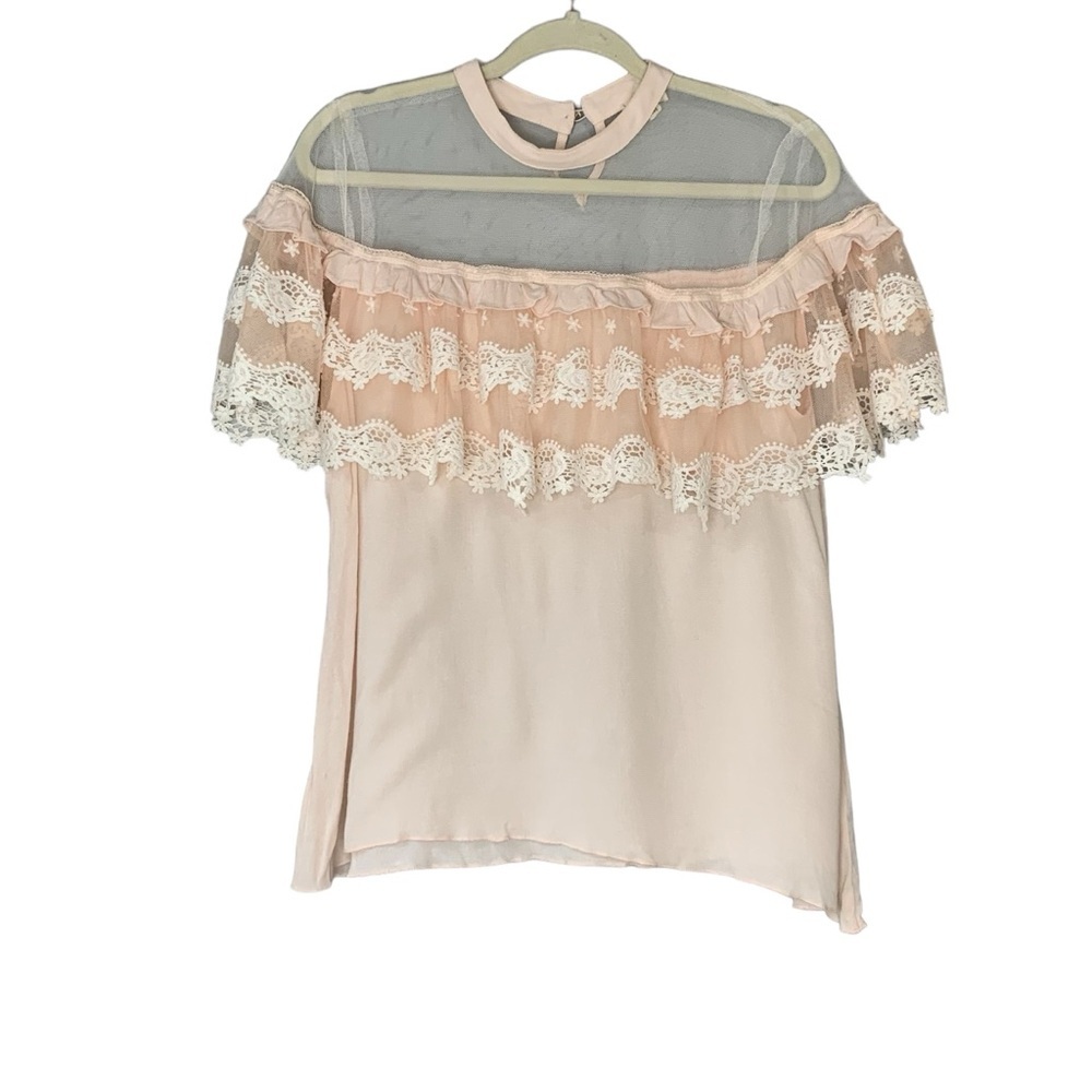 POL light peachy pink mesh lace bust neckline blouse. Size M